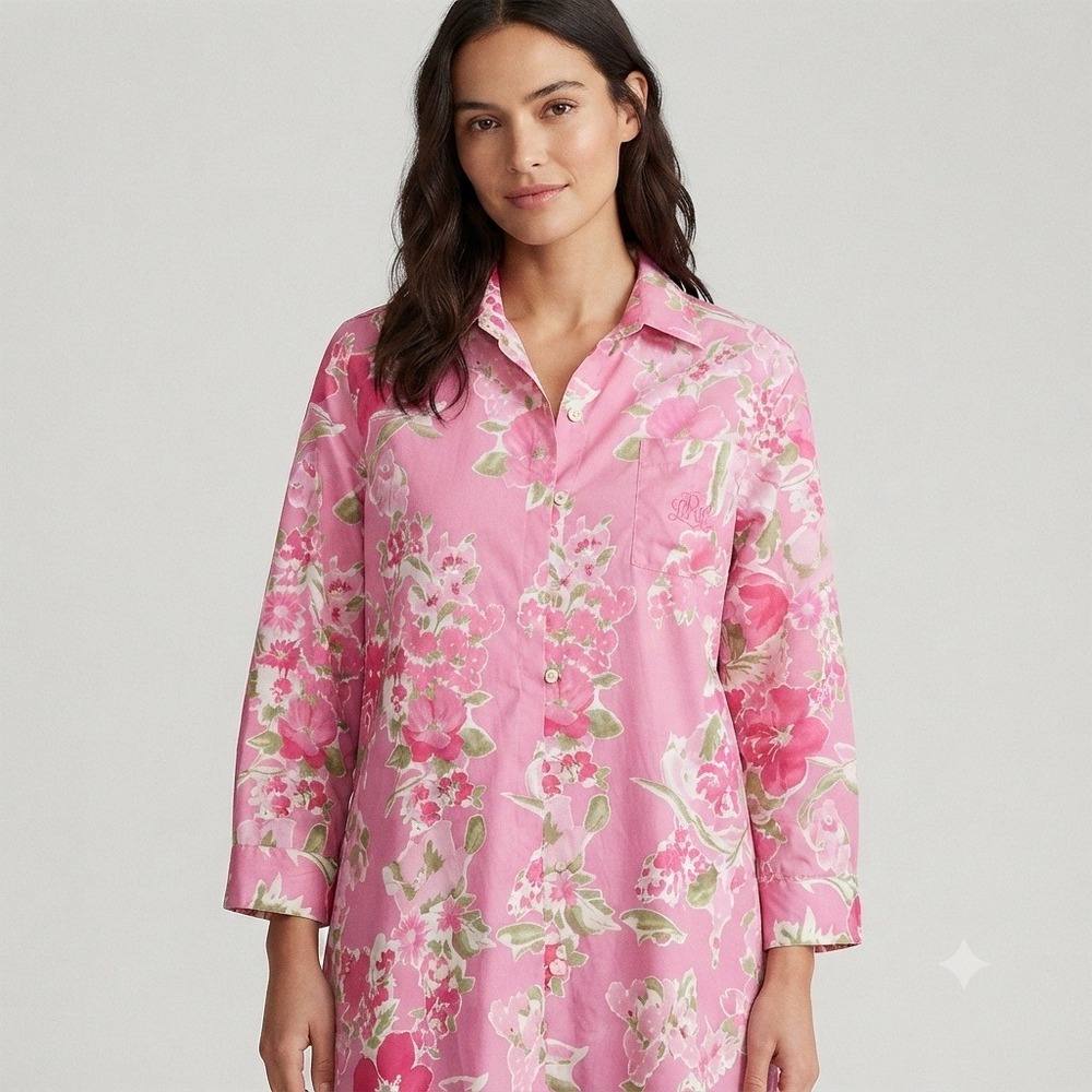 Lauren Ralph Lauren Womens Pink Floral Button Front Sleep Shirt Gown XL NWT